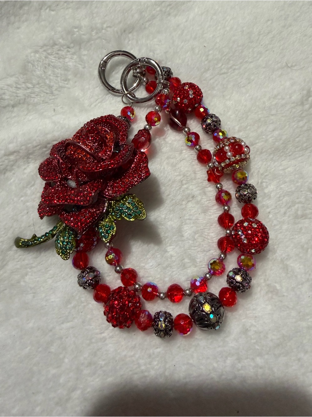 Hand Made Red Crystal Rose Beaded Bag Charm Or Keychain
